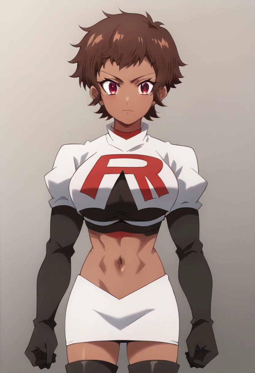 blossom, short hair, brown hair, dark-skinned female, 1girl, red eyes, solo, large breasts, muscular female, looking at viewer, team rocket,team rocket uniform,white skirt,red letter R,crop top,black thigh-highs,black elbow gloves, score_9, score_7_up,anime coloring ,source_anime, anime