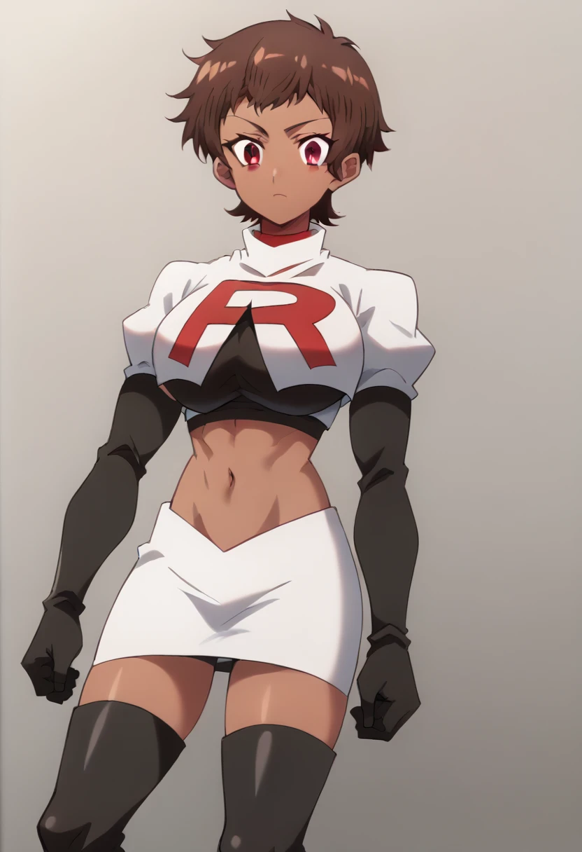 blossom, short hair, brown hair, dark-skinned female, 1girl, red eyes, solo, large breasts, muscular female, looking at viewer, team rocket,team rocket uniform,white skirt,red letter R,crop top,black thigh-highs,black elbow gloves, score_9, score_7_up,anime coloring ,source_anime, anime