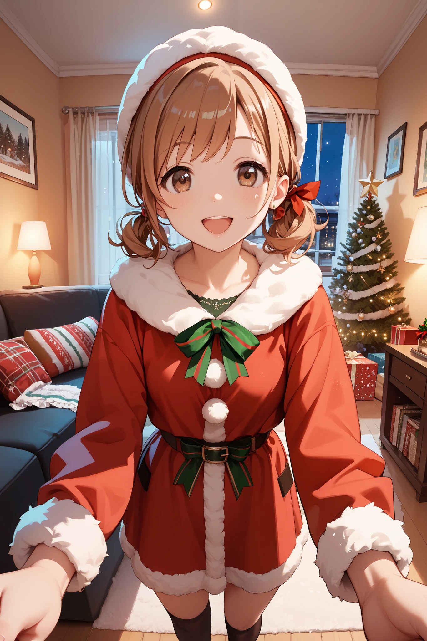 (masterpiece), (best quality), (high resolution), 1girl, (mano sakuragi), pov, living room, night, happy, brown hair, brown eyes, open mouth, santa costume, standing