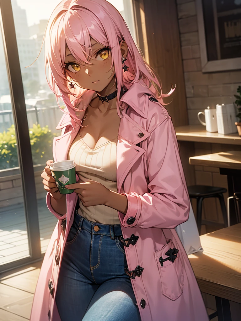 (​masterpiece、top-quality、hight resolution、Unity 8k、extremely details CG:1,Best Picture), ((((pink coat)))), pink hair, miniscule bra, miniscule panties over naked, choker, Fluorescent green star earrings, 1girl, yellow eyes,(((((dark skin))))), A young woman sitting alone in a cozy cafe during the day, wearing casual and modest clothing such as jeans and a sweater, with a relaxed and thoughtful expression, her makeup subtle and natural, her hair neatly styled, a coffee cup in her hand, a peaceful and quiet atmosphere around her, the environment feels warm and inviting, realistic details, cinematic composition, soft daylight