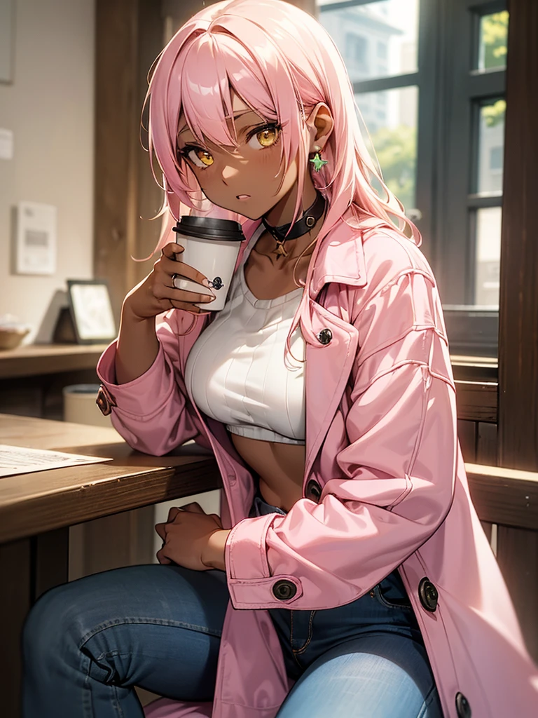 (​masterpiece、top-quality、hight resolution、Unity 8k、extremely details CG:1,Best Picture), ((((pink coat)))), pink hair, miniscule bra, miniscule panties over naked, choker, Fluorescent green star earrings, 1girl, yellow eyes,(((((dark skin))))), A young woman sitting alone in a cozy cafe during the day, wearing casual and modest clothing such as jeans and a sweater, with a relaxed and thoughtful expression, her makeup subtle and natural, her hair neatly styled, a coffee cup in her hand, a peaceful and quiet atmosphere around her, the environment feels warm and inviting, realistic details, cinematic composition, soft daylight