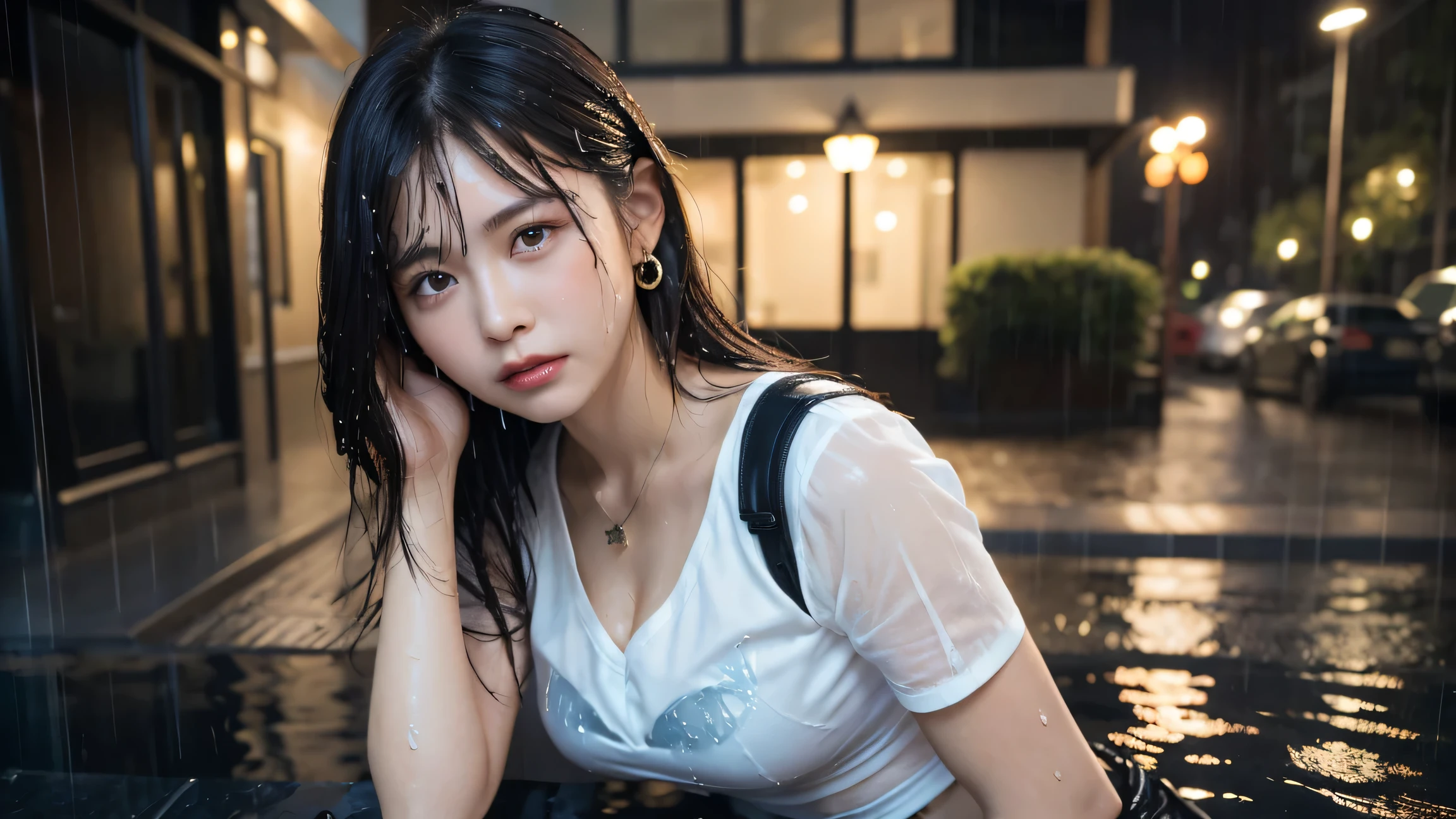 (highest quality, 32k, High resolution, Masterpiece:1.5, ), marimo_jet, god々A photograph with brilliant dazzling and healing power., Evoking a sense of calm and elusive beauty, Expressing emotions, Have a rich imagination,Beautiful Japanese Girls, An exceptionally beautiful face, Small Face Beauty, ((Profile looking up at the sky:1.2)), Perfect Human Anatomy, Magical big eyes, Motherhood and generosity, Deep Love, fleeting smile, shiny wet black hair, Super Long Straight Silk Hair, Asymmetrical bangs, Hair between the eyes, Transparent, soft white skin, Sharp eyebrows, Thin lashes, Natural Makeup, Cheek highlighter, Pale pink detailed lips, , ((Wet black t-shirt:1.2)), Slim figure with ample breasts, High resolutionの美しい太もも, ((Ancient ruins submerged in a blue lake:1.3)), ((It rains:1.2)), ((Background of light shining through a gap in the cloudy sky:1.3)), Dazzling Sun, Professional Lighting, Professional photographer, Professional models, god秘的