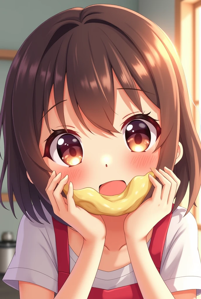 Anime girl with mayonnaise on her face and some in her mouth
