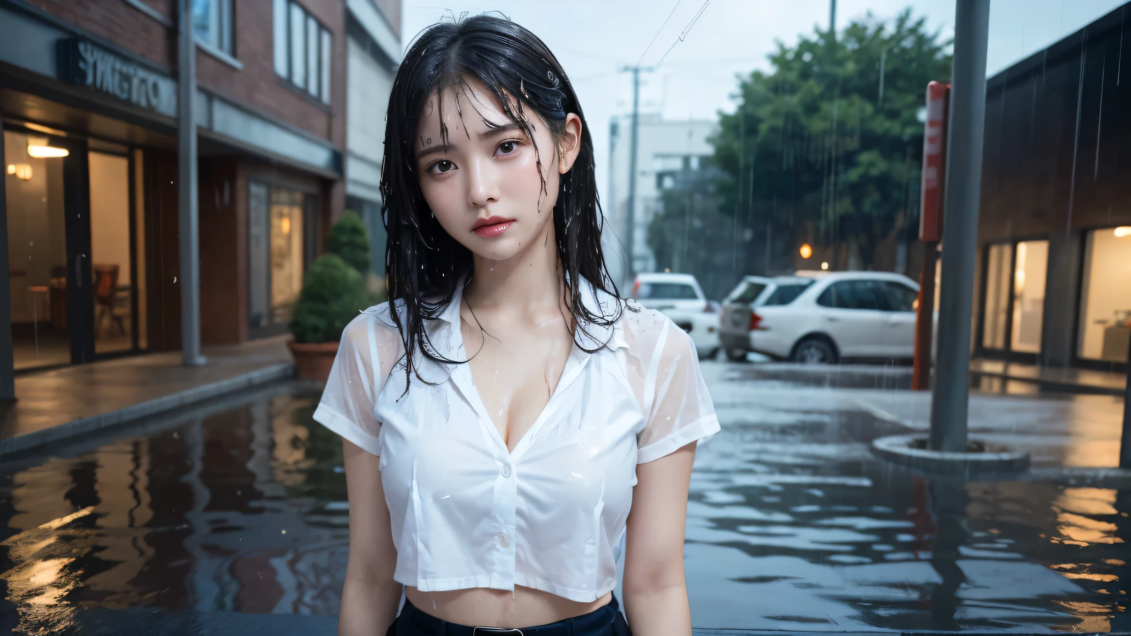 (RAW shooting,  Photorealistic:1.5, 8k,  top quality , masterpiece,  super high res),  perfect dynamic configuration:1.2, nočni pouličný roh modernej mesto ,  Expressions of sadness :0.5, (((Typhoon Heavy Rain))),  high definition skin and face texture:1.2,  Slime Music Studio:1.3,  white skin:1.2,  SEXY BEAUTY :1.1,  perfect style to support the penis:1.2,  beautiful、And aesthetic :1.1, とても beautiful顔:1.2, Water droplets on skin, (Rain drips all over my body:1.2,  wet body:1.2,  wet hair:1.3, Wet tight skirt:1.2, Wet OL uniform:1.3), belt, ( medium breasts, The bra is see-through, Chest gap), (cry, Brokenhearted,  your expression when you feel intense caress, Facial expression when feeling pleasure), ( beautiful青い目,  beautifulエロスを感じる目:0.8), (Overly sensual:0.9,  seductive :0.9),、 white shirt、The shirt is wet and see-through、 boobs、Nipples
