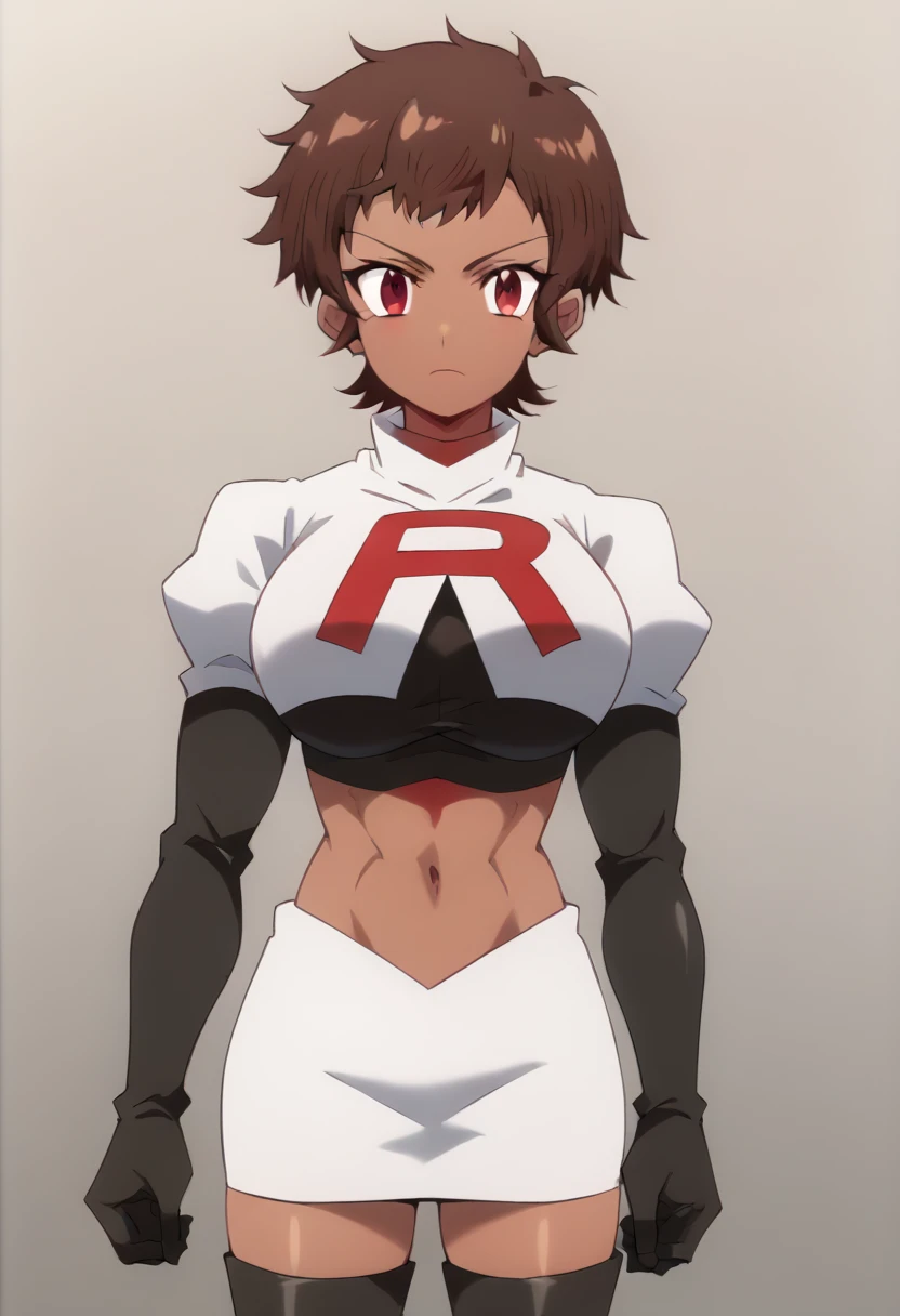 blossom, short hair, brown hair, dark-skinned female, 1girl, red eyes, solo, large breasts, muscular female, looking at viewer, team rocket,team rocket uniform,white skirt,red letter R,crop top,black thigh-highs,black elbow gloves, score_9, score_7_up,anime coloring ,source_anime, anime