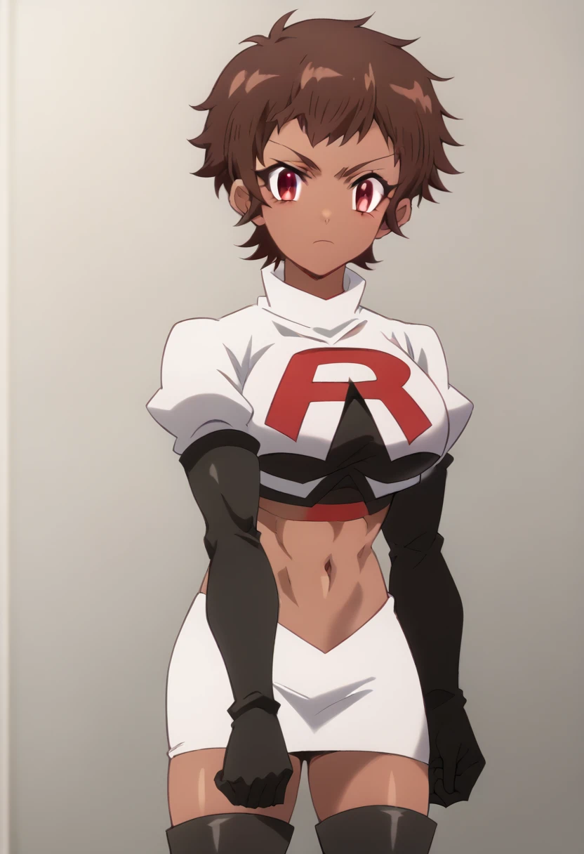 blossom, short hair, brown hair, dark-skinned female, 1girl, red eyes, solo, large breasts, muscular female, looking at viewer, team rocket,team rocket uniform,white skirt,red letter R,crop top,black thigh-highs,black elbow gloves, score_9, score_7_up,anime coloring ,source_anime, anime