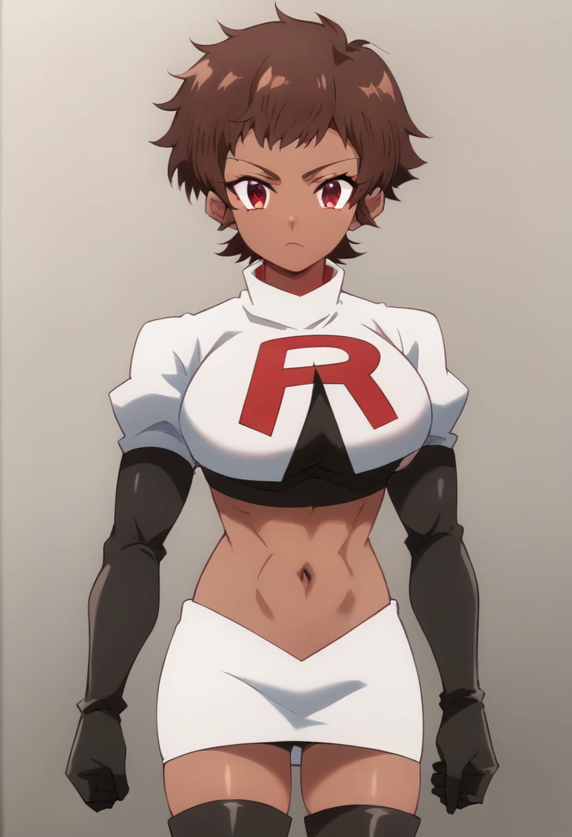 blossom, short hair, brown hair, dark-skinned female, 1girl, red eyes, solo, large breasts, muscular female, looking at viewer, team rocket,team rocket uniform,white skirt,red letter R,crop top,black thigh-highs,black elbow gloves, score_9, score_7_up,anime coloring ,source_anime, anime