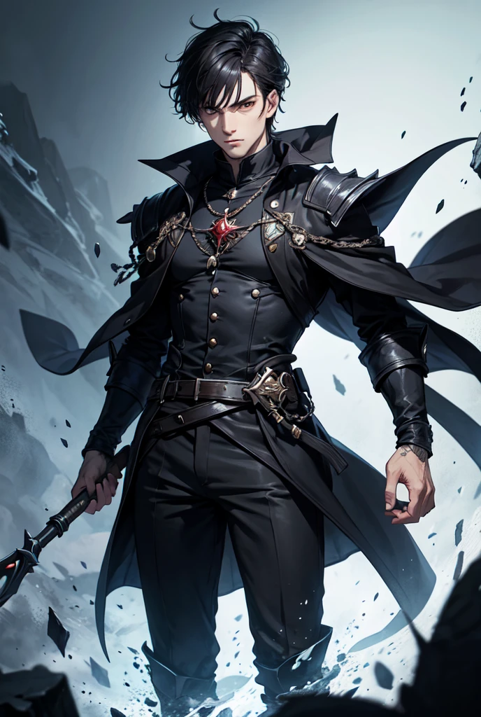 A powerful male warlock wearing black clothes.