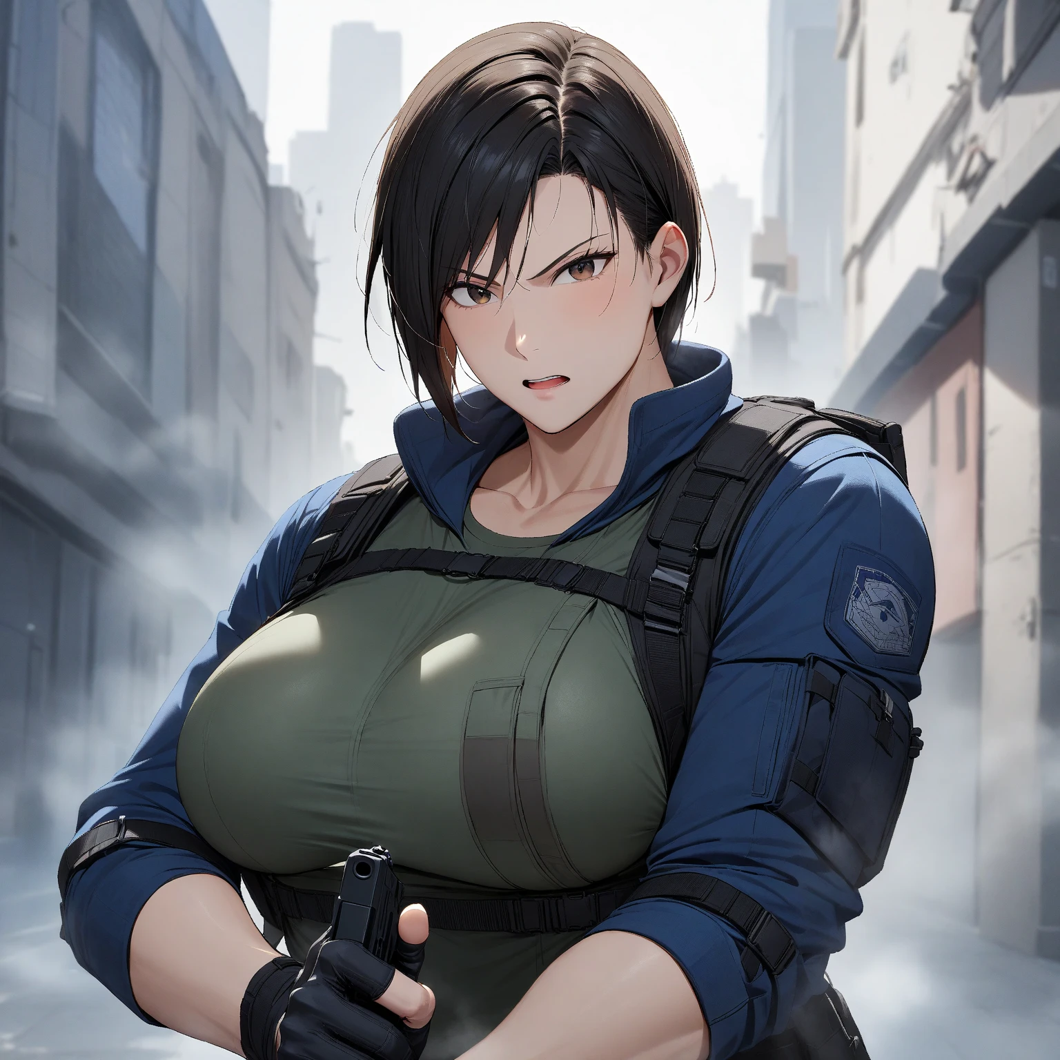   One Girl  ,  Masterpiece ,  highest image quality taken by Ki、 Jill Valentine、 high res、 sexy、Hold a handgun