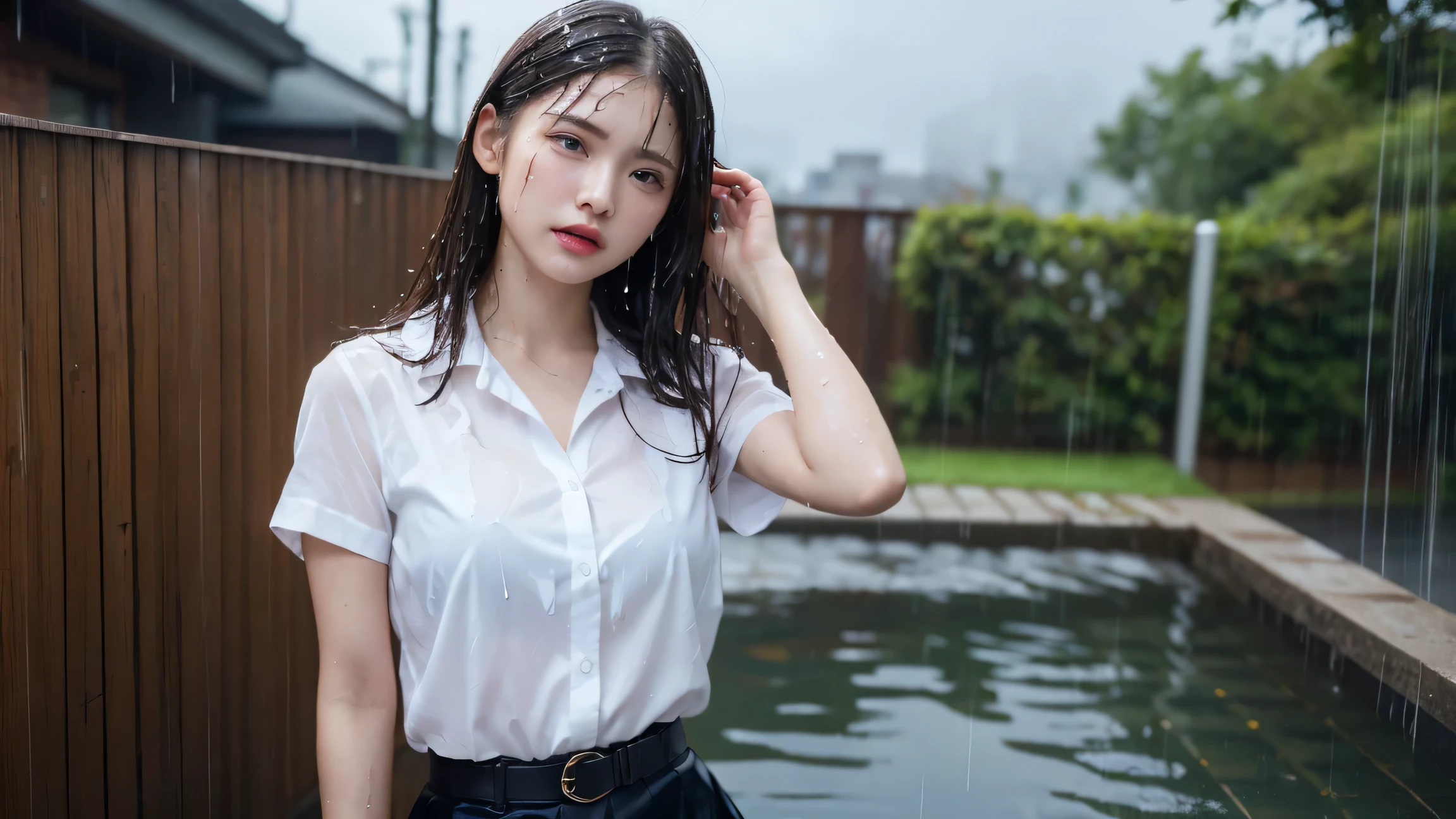 (masterpiece, highest quality:1.2), 8k, 15 years, 85mm, Official Art, RAW Photos, Absurd、((Under a big tree in a natural park:1.4))、((Rainfall:1.4))、((Dark rainy sky in the evening:1.4))、Pretty face, close, ((Cowboy Shot:1.4))、Beautiful girl with straight medium long hair,(((High School Girl Uniform 1.4)))、(((White short sleeve low cut button front shirt、Dark blue ribbon:1.5)))、((White shirt:1.4))、((Ultra micro mini dark blue pleated skirt)) Squeeze the waist, Thighs, Short sleeve, Model pose、View your viewers, No makeup, (smile:0.4), Film Grain, chromatic aberration, Sharp focus, Face Light, Bright lighting, Teen, Detailed face, Bokeh Background、((Blouse wet in the rain))、(Bra is sheer)、((Sad look:1.7))、((Backpack:1.4))、