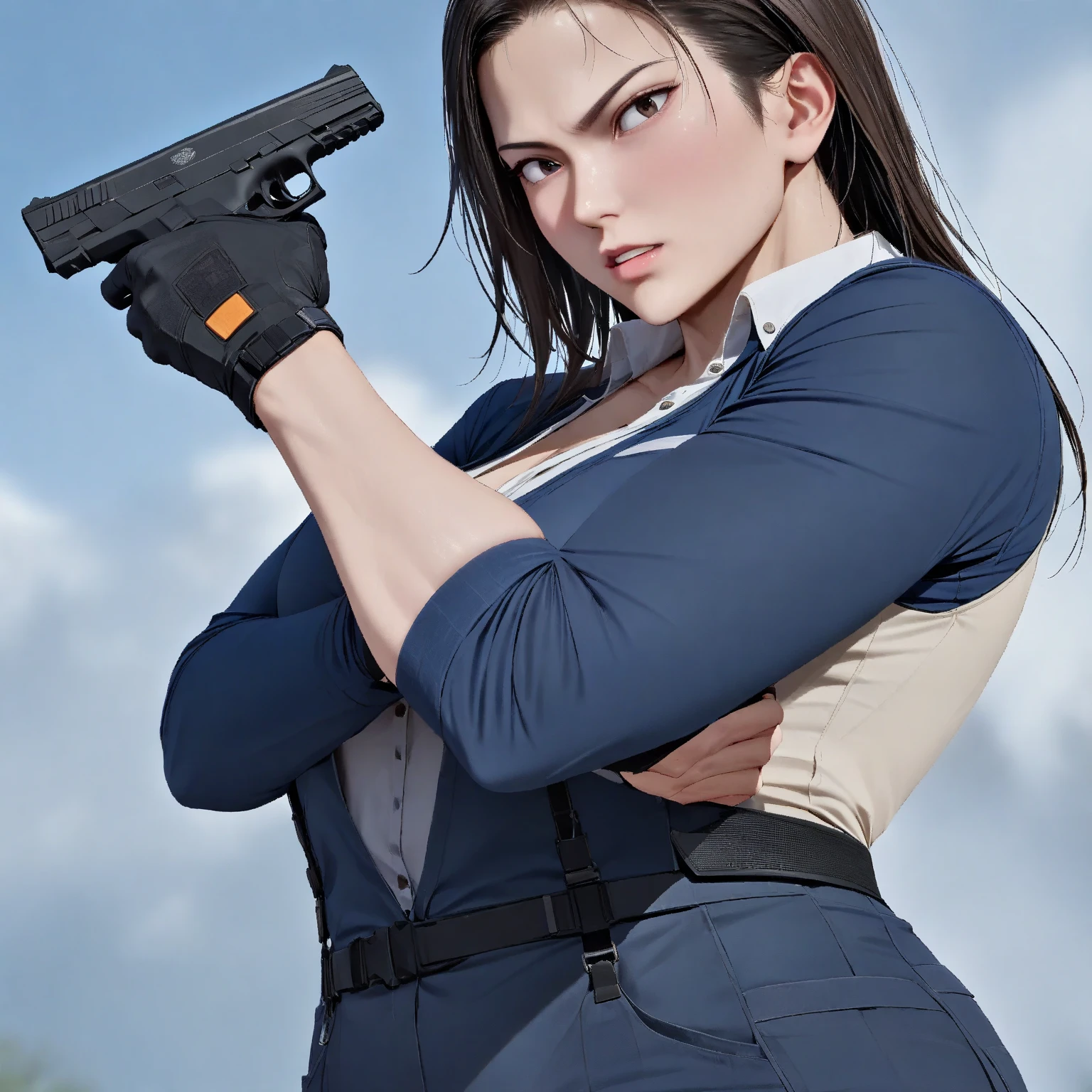   One Girl  ,  Masterpiece ,  highest image quality taken by Ki、 Jill Valentine、 high res、 sexy、Hold a handgun