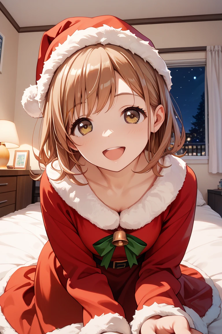 (masterpiece), (best quality), (high resolution), 1girl, (mano sakuragi), pov, bedroom, on the bed, night, happy, brown hair, brown eyes, open mouth, santa costume, wariza, nsfw