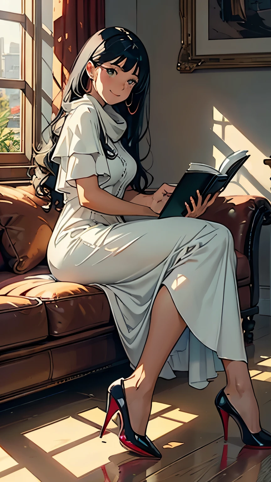 ((masterpiece, high resolution, better quality, better details)), ((Smiling)), ((one girl)) a girl speaking on the phone at a desk, full body, wearing a button-up blouse and wide-leg trousers, ((Louboutin high heels)), visible high heels, green eyes, ((black hair, long hair)), shiny skin, ((side view)), solo, from the side, full body, focus full body, business casual, surrounded by office supplies