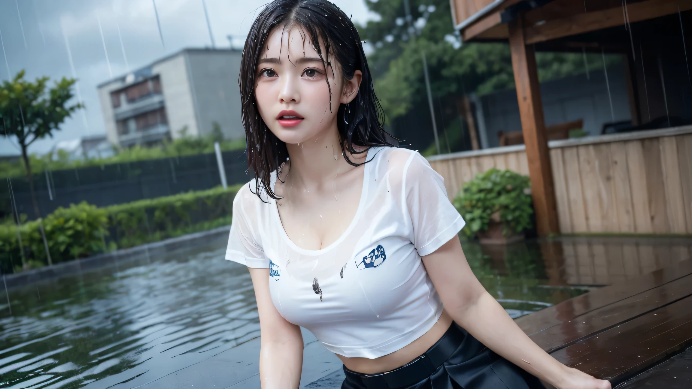 photorealistic, high resolution,photo of a girl, black hair, korean, light brown eyes, ((soaked) white shirt), skimpy tight black shorts, thick thighs, (((wet see-through), rainy)), (NSFW:1.2)