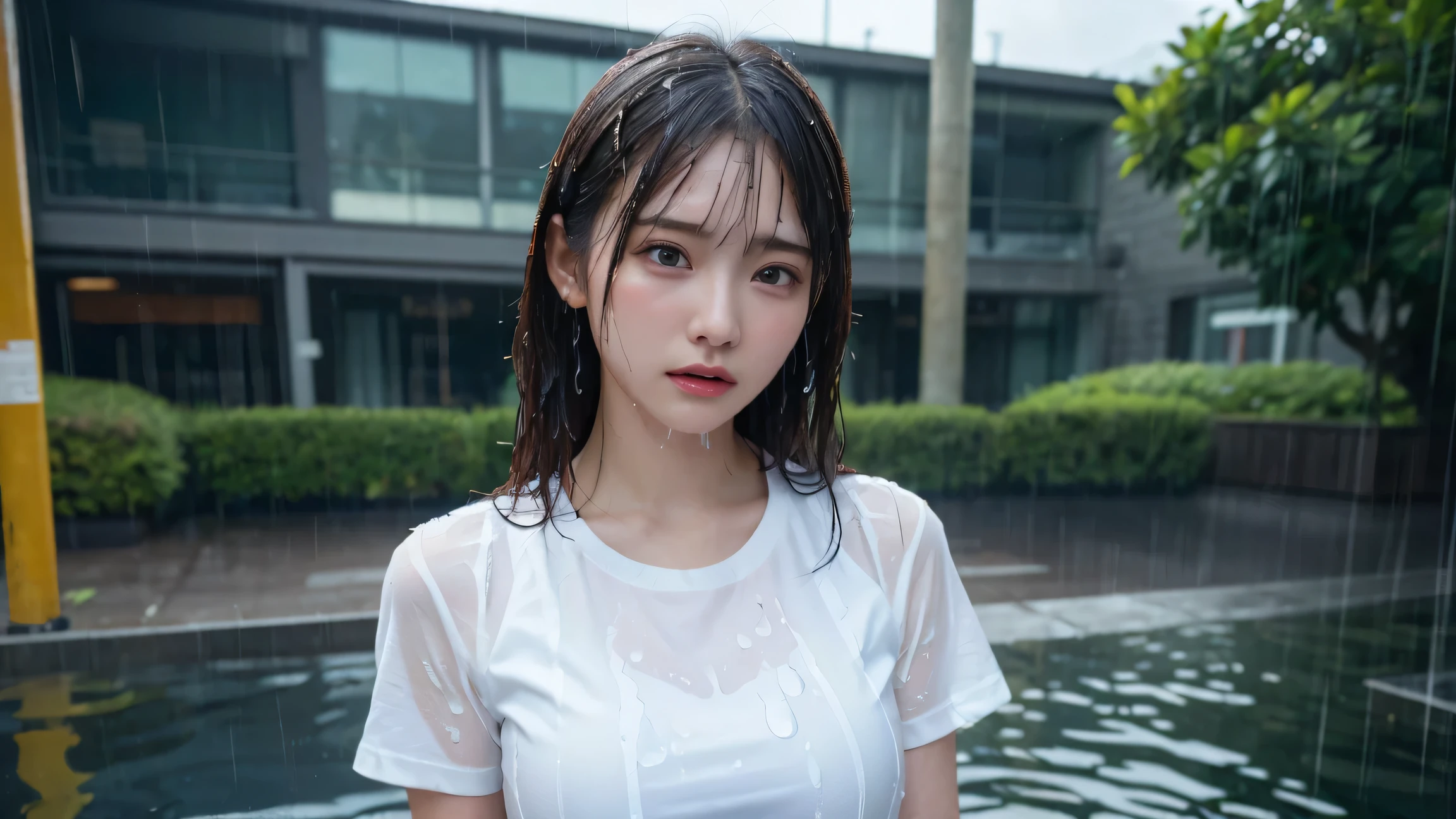 (highest quality, 32k, High resolution, Masterpiece:1.5, ), marimo_jet, god々A photograph with brilliant dazzling and healing power., Evoking a sense of calm and elusive beauty, Expressing emotions, Have a rich imagination,Beautiful Japanese Girls, An exceptionally beautiful face, Small Face Beauty, ((Profile looking up at the sky:1.2)), Perfect Human ???????, Magical big eyes, Motherhood and generosity, Deep Love, fleeting smile, shiny wet black hair, Super Long Straight Silk Hair, Asymmetrical bangs, Hair between the eyes, Transparent, soft white skin, Sharp eyebrows, Thin lashes, Natural Makeup, Cheek highlighter, Pale pink detailed lips, , ((Wet white t-shirt:1.2)), Slim figure with ample breasts, High resolutionの美しい太もも, ((Ancient ruins submerged in a blue lake:1.3)), ((It rains:1.2)), ((Background of light shining through a gap in the cloudy sky:1.3)), Dazzling Sun, Professional Lighting, Professional photographer, Professional models, god秘的