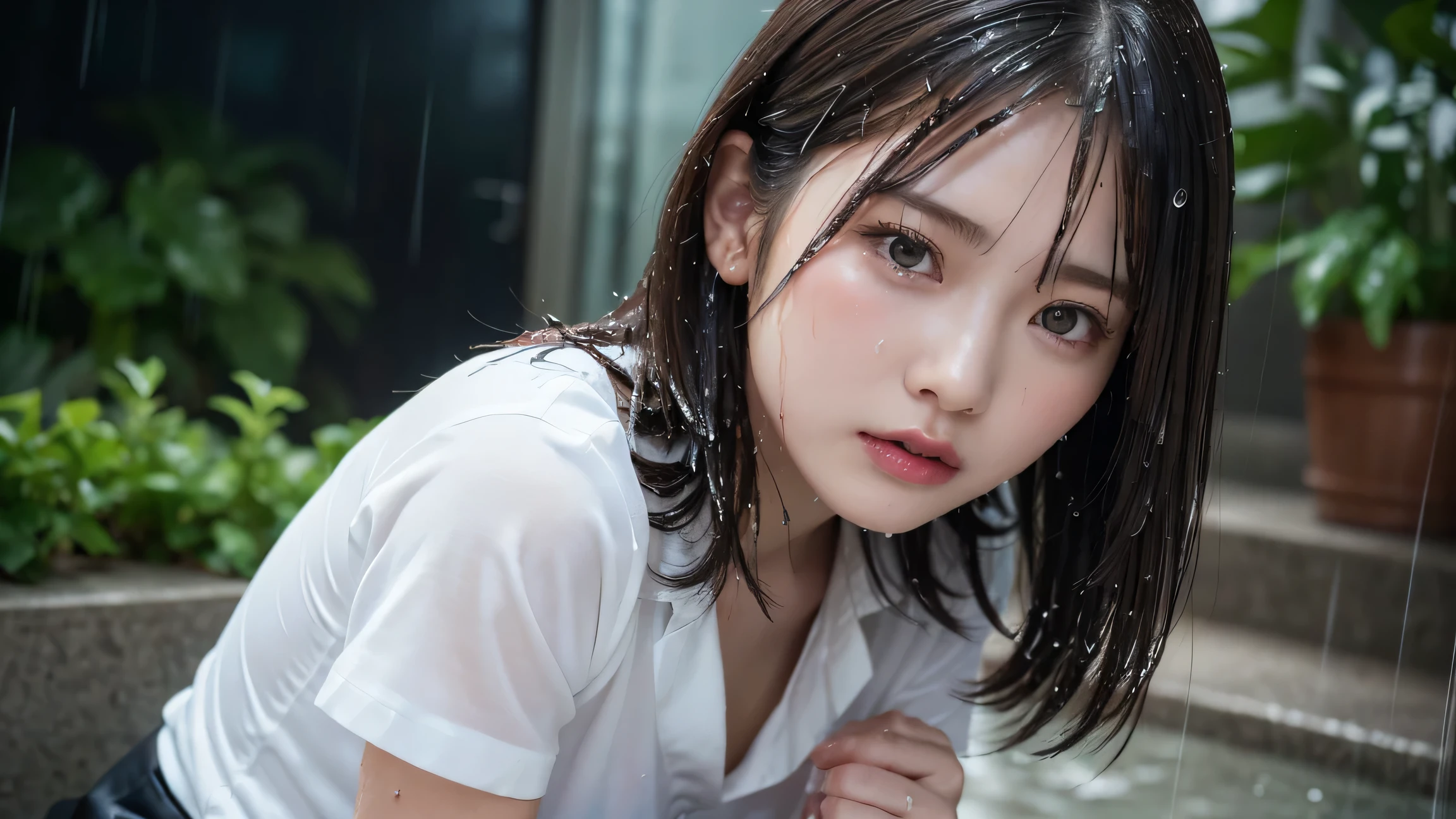 (Top Quality, 8k, Masterpiece: 1.3), ((Beautiful japanese high school student)), Female 1 Person, (Breasts, Attractive Body: 1.2), Abs: 1.1, Dark Brown Hair: 1.1, (Wet Rain, Wet Body: 1.1), Ultra High Detail Face, Detailed Lips, (closed eyes),Raise your chin and look up,