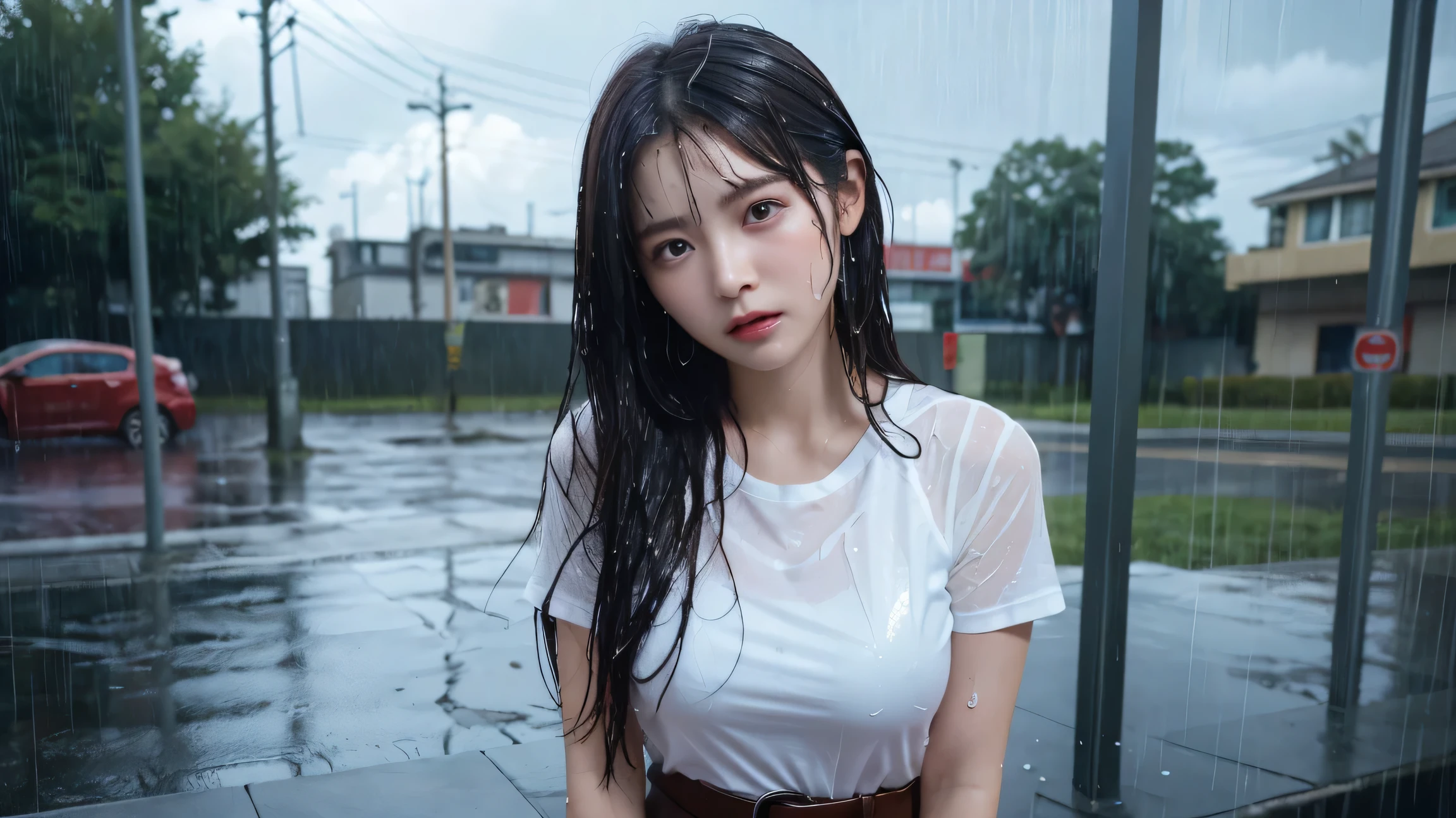 (Leica 10772 M-P, 85mm macro lens, F/8 aperture, film still), (RAW shooting, Photoreal:1.5, 8K, highest quality, masterpiece, ultra high resolution), (((Typhoon heavy rain))), raining, Highly detailed skin and facial textures:1.2, Japanese girl, 27 years old, Fair skin, white skin, water droplets on the skin, random hair, (super tight clothes:1.3), (underwear see-through:1.4), (rain drips all over my body:1.2, wet body:1.2, wet hair:1.3), (Wet clothes:1.3), ashamed smile, (stick out tongue:1.2) (beautiful black eyes, Eyes that feel beautiful eros:1.3)