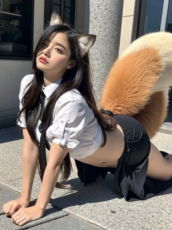((best quality)), ((masterpiece)), (detailed), perfect face, fox lady, pretty woman, public, A tail is growing, She has a fluffy tail, She has a fox tail, She wags her tail, troubled face, fur collar, Get down on all fours, Her thighs are thick, Thick thighs, Only one tail