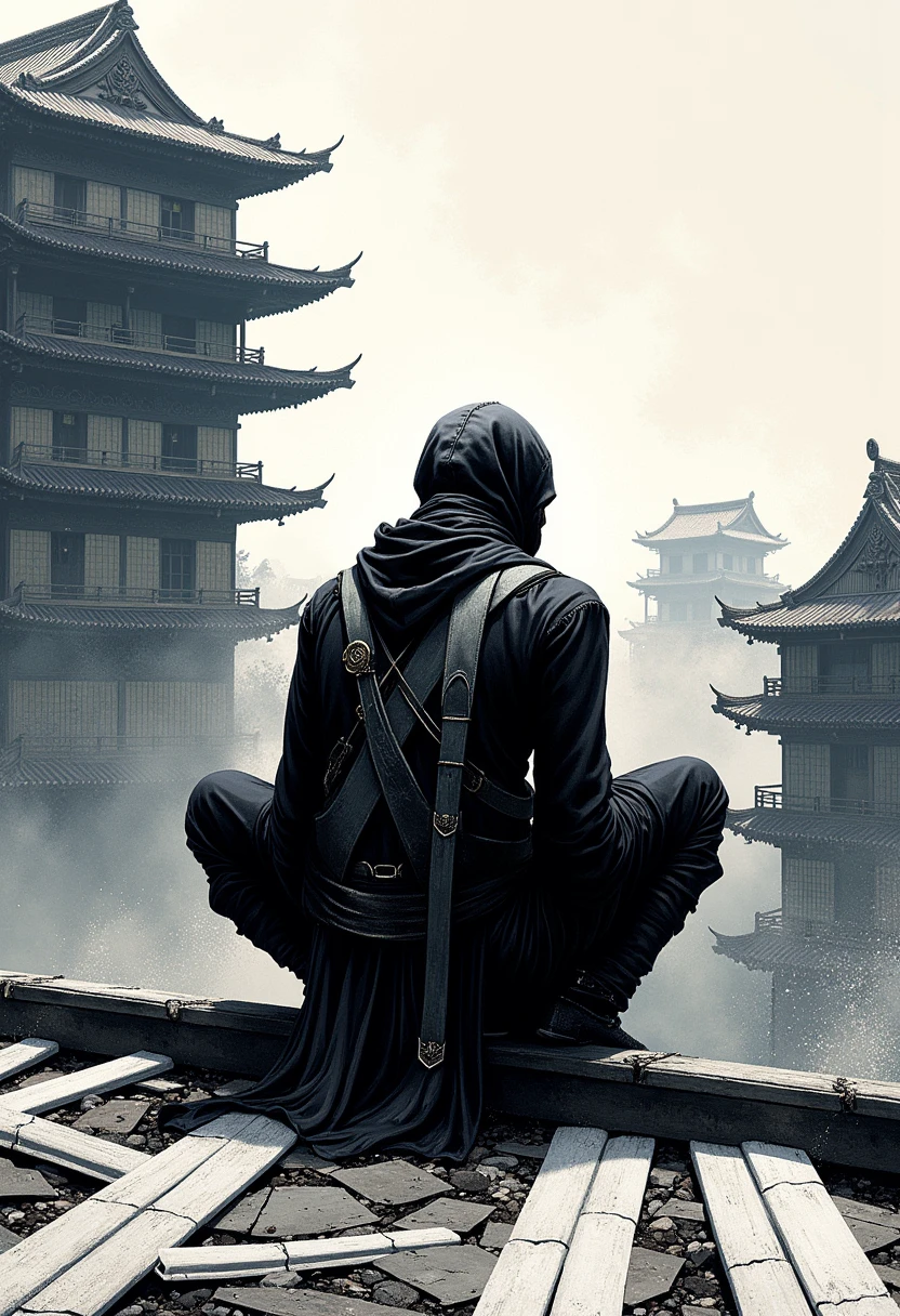 best quality,Abstract Painting,A ninja,Alone,tall and thin ninja character,(wearing minimal ninja armor,hood and mask,made of cloth,sleek,reflective fabric on the armor,matte cloth for the scarf),he is siting on (Tatami flooring),(right his knee raises ),(he looks down at floor),he is nerves,his back reflect the sharp light,A small amount of light shines on his back,details of  textures of cloth and Tatami,shading and contrast of light