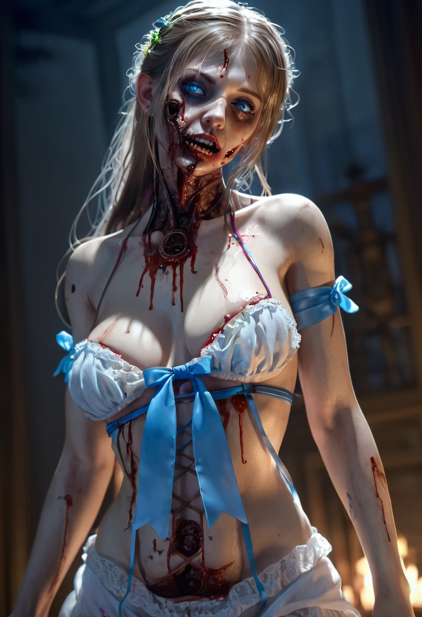 Dark Roomのベッドの上で血まみれの目で走る女の子, Yandere, ((赤くWith glowing eyes)), gapmoe Yandere, everyone, gapmoe Yandere grimdark, Red eyes glow, Nightcore, With glowing eyes, Red eyes glow, Zombies with white eyes, Danganronpa digital art, Anime Monster Girl, Devil Anime Girl, ((Bloody One Piece)), (Bandaged leg:1.3), Running away in a panic, Desperate to escape, (Detailed eyes and face:1.3, Professional photography techniques), (Highest quality, 8K, masterpiece:1.2, RAW Photos), ((Dark Room)), (Photorealism:1.4)