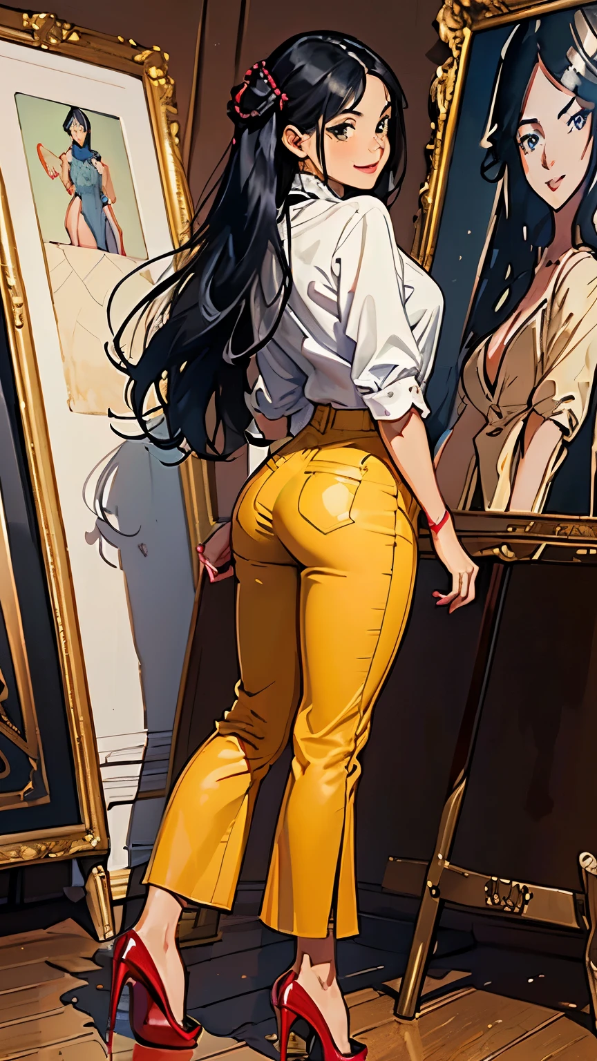 ((masterpiece, high resolution, better quality, better details)), ((Smiling)), ((one girl)) a girl speaking on the phone at a desk, full body, wearing a button-up blouse and wide-leg trousers, ((Louboutin high heels)), visible high heels, green eyes, ((black hair, long hair)), shiny skin, ((side view)), solo, from the side, full body, focus full body, business casual, surrounded by office supplies