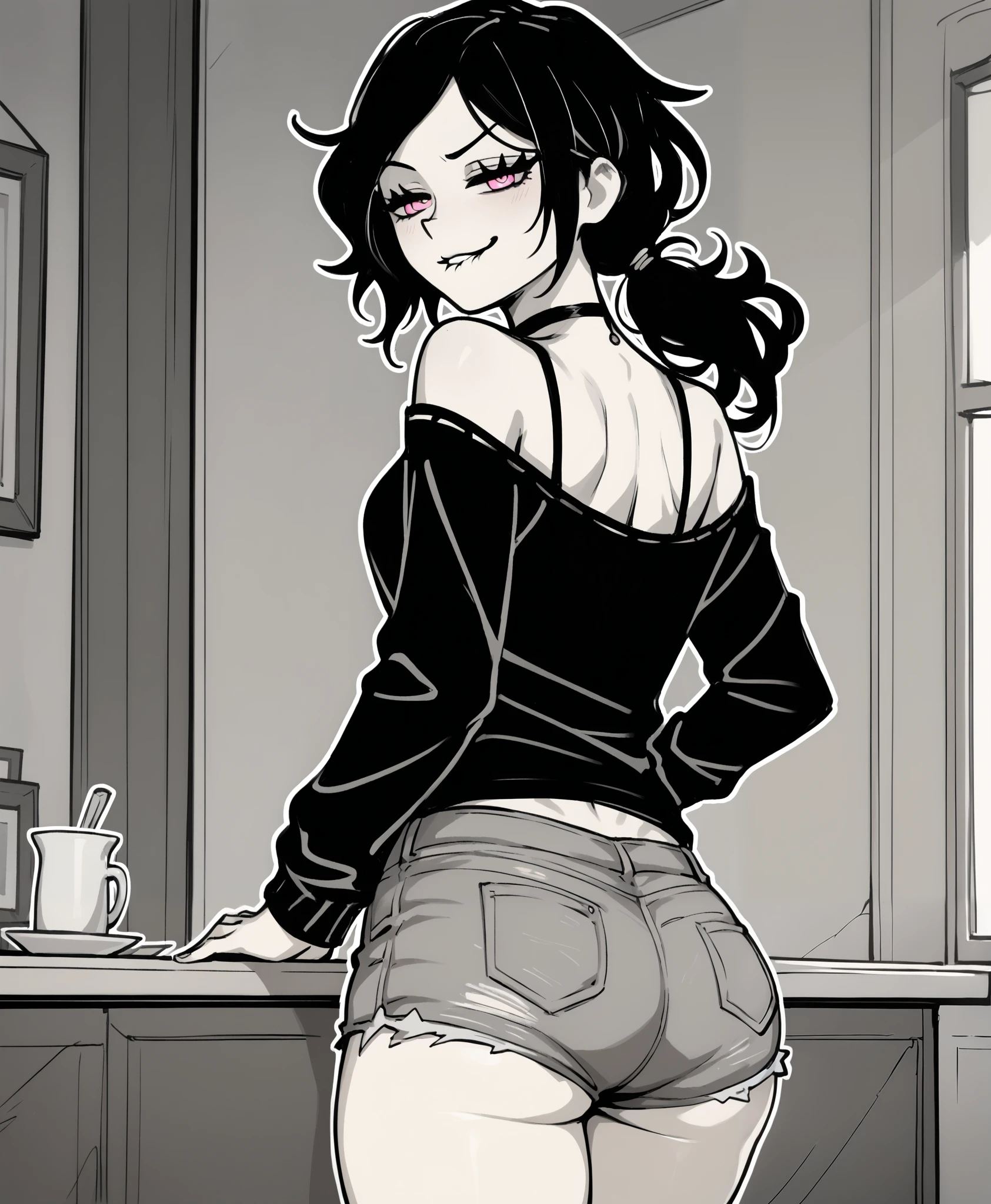 ((ashley graves)), ((masterpiece)), ((greyscale)), ((cartoon style)), ((outline)), ((monochrome)), ((back view)), {(attractive figure), (eccentuated curves), (pale skin), (black hair), (low ponytail), (pink eyes), (half lidded eyes), (long eyelashes), (lip bite), (smug grin)}, {(black off-shoulder shirt), (long sleeves), (jean shorts), (choker)}, {(looking back at viewer)},