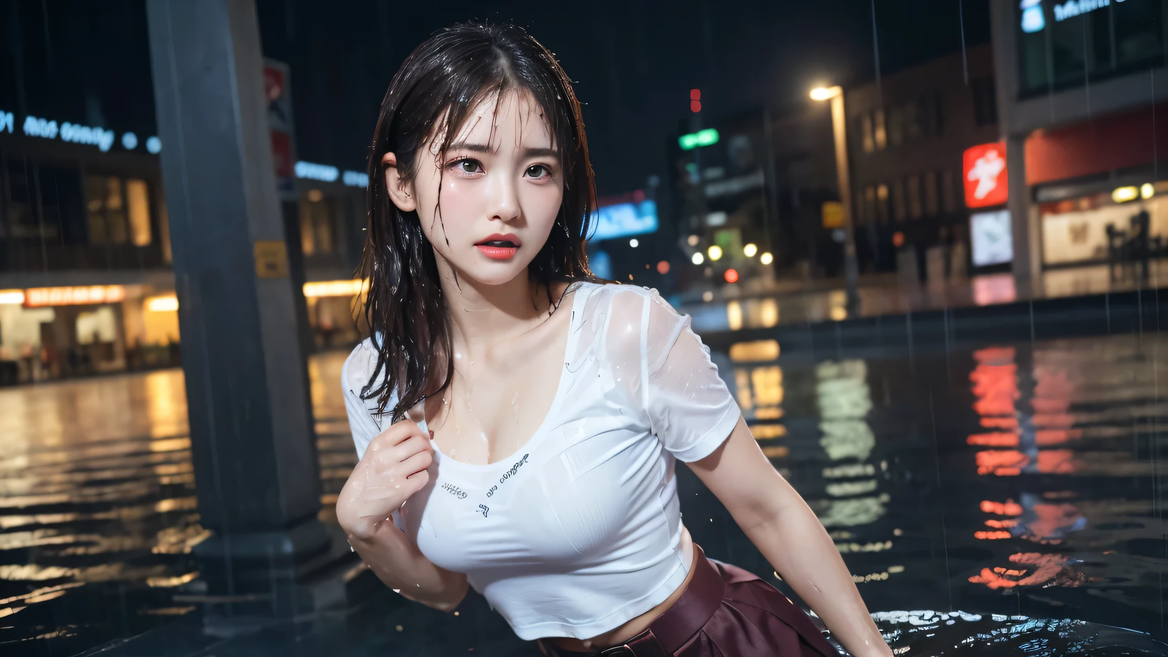 A beautiful Japanese female actress is staring at me, only white thin v neck oversized Tshirt wetty, pouring rain, water drop, upper body shot, cinematic lighting, depth of field, in a cyberpunk city, pouring rain, twilight, stars in the sky, a photo, DSLR.