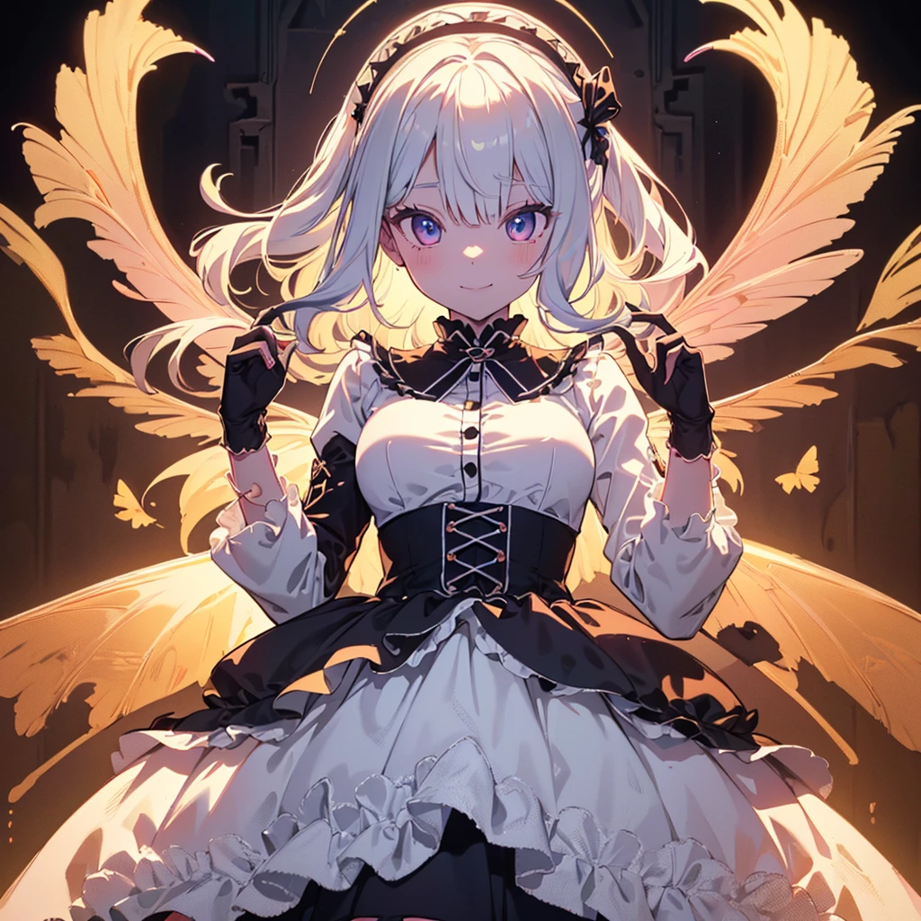 1girl, pretty face、、((( dynamic best composition 、 top quality 、 Masterpiece、High-definition CG、 super detailed 、32K)))、Neon tattoo all over body 、 fairy wings、 Milky White to Seven Color Gradation Hair Color、 best smile 、 happy、happiness、Gothic Lolita Clothes 、Neon Outline、 fisheye lens、