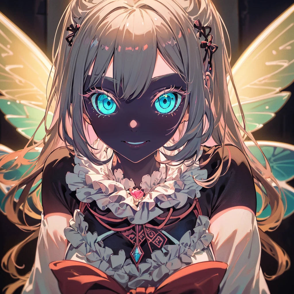 1girl, pretty face、Baby Face、((( dynamic best composition 、 top quality 、 Masterpiece、High-definition CG、 super detailed 、32K)))、Neon tattoo all over body 、 fairy wings、 Milky White to Seven Color Gradation Hair Color、 best smile 、 happy、happiness、Gothic Lolita Clothes 、Neon Outline、 fisheye lens、