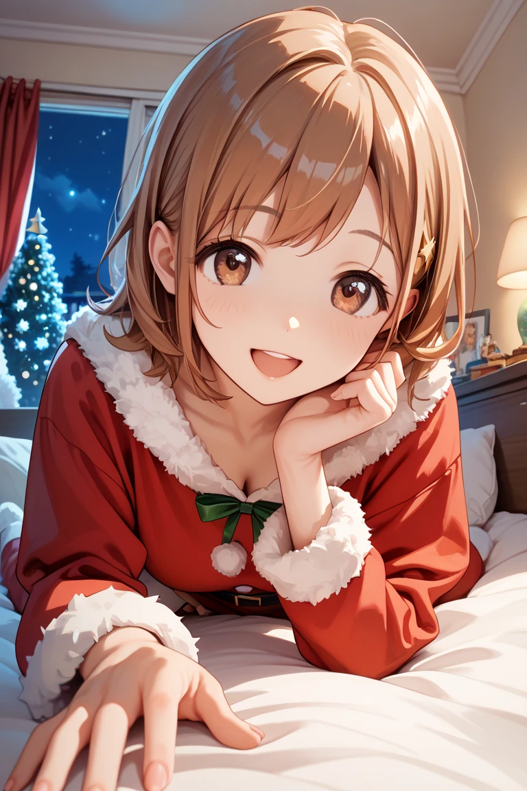 (masterpiece), (best quality), (high resolution), 1girl, (mano sakuragi), pov, bedroom, on the bed, night, happy, brown hair, brown eyes, open mouth, santa costume, wariza, nsfw