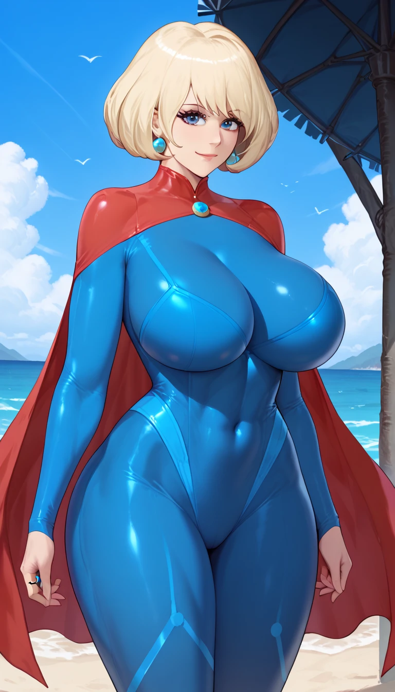 score_9,score_8_up,score_7_up,score_6_up,score_5_up,alienquestellen,short hair,blonde hair,curvy,huge breasts,bubble butt,ass visible through thighs,outdoors,beach, smile closed mouth ring earring locking at viewer large breasts huge breasts blue eyes ,,,,,,,,  thick thighs, thighs, bodysuit, superhero, blue bodysuit, muscular female, upergirlSC, skin tight, covered navel, 1girl, red cape, mature female, cape