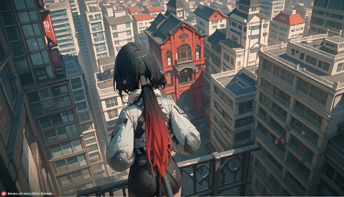 yanedoe- zzz, aqua eyes, long hair, black hair,  red hair ,animal ears, filmed from behind, Above the building,I look at the city 