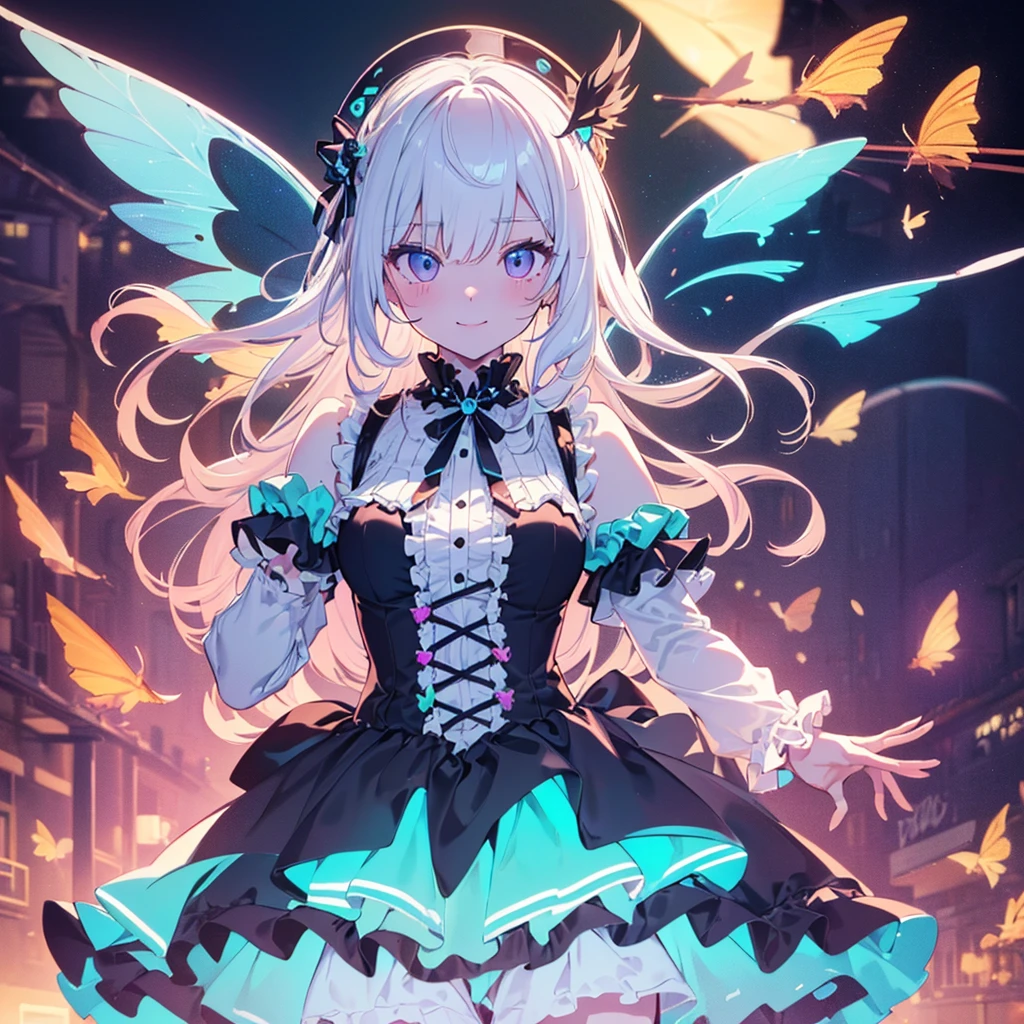 1girl, pretty face、Baby Face、((( dynamic best composition 、 top quality 、 Masterpiece、High-definition CG、 super detailed 、32K)))、Neon tattoo all over body 、 fairy wings、 Milky White to Seven Color Gradation Hair Color、 best smile 、 happy、happiness、Gothic Lolita Clothes 、Neon Outline、 fisheye lens、