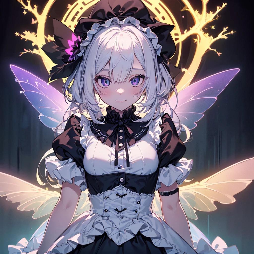 1girl, pretty face、Baby Face、((( dynamic best composition 、 top quality 、 Masterpiece、High-definition CG、 super detailed 、32K)))、Neon tattoo all over body 、 fairy wings、 Milky White to Seven Color Gradation Hair Color、 best smile 、 happy、happiness、Gothic Lolita Clothes 、Neon Outline、 fisheye lens、