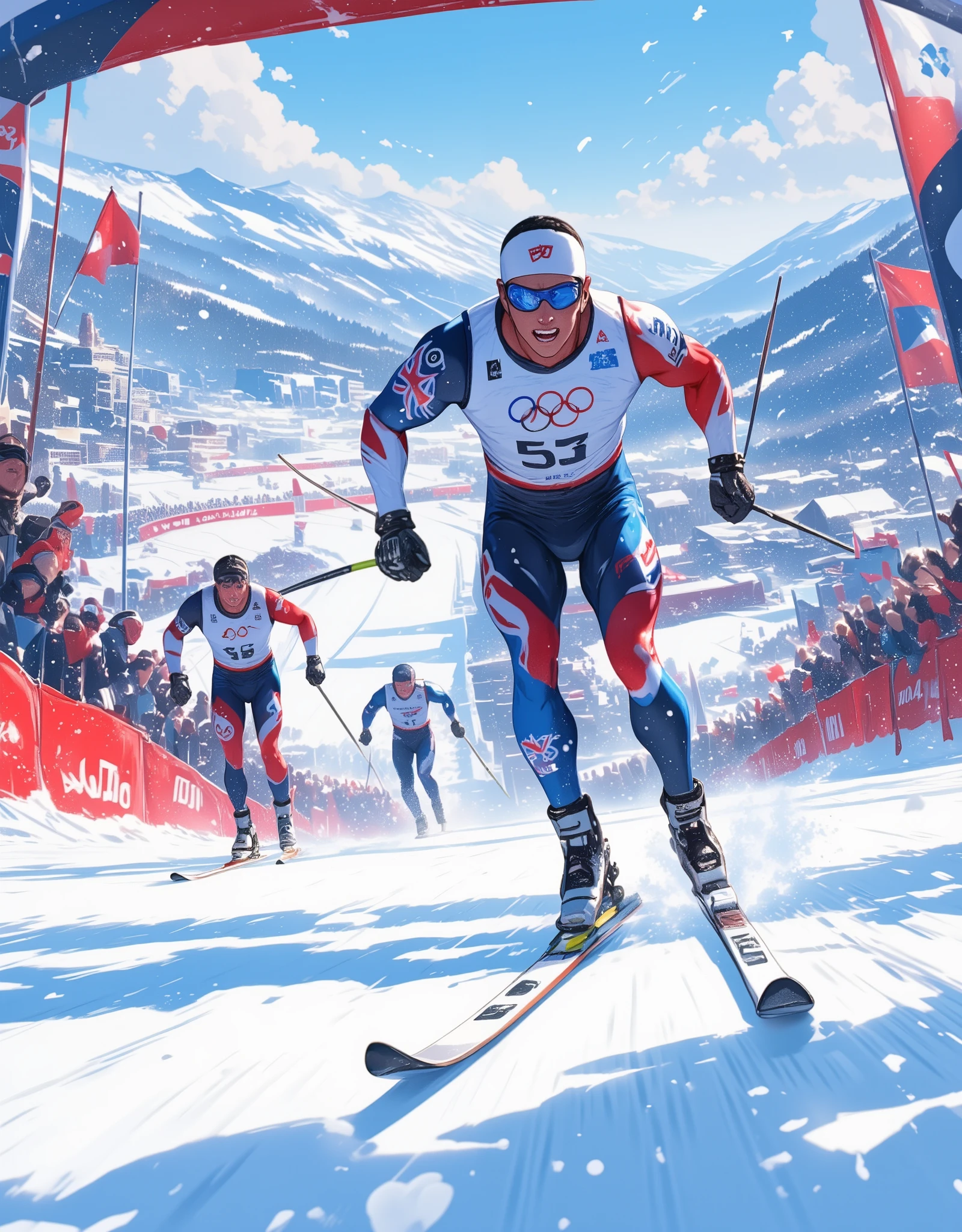 Nordic skiing,  Male Athletes Gliding on a Competition Course, Snow is falling, Athlete Snapshot ,  lots of spectators , 