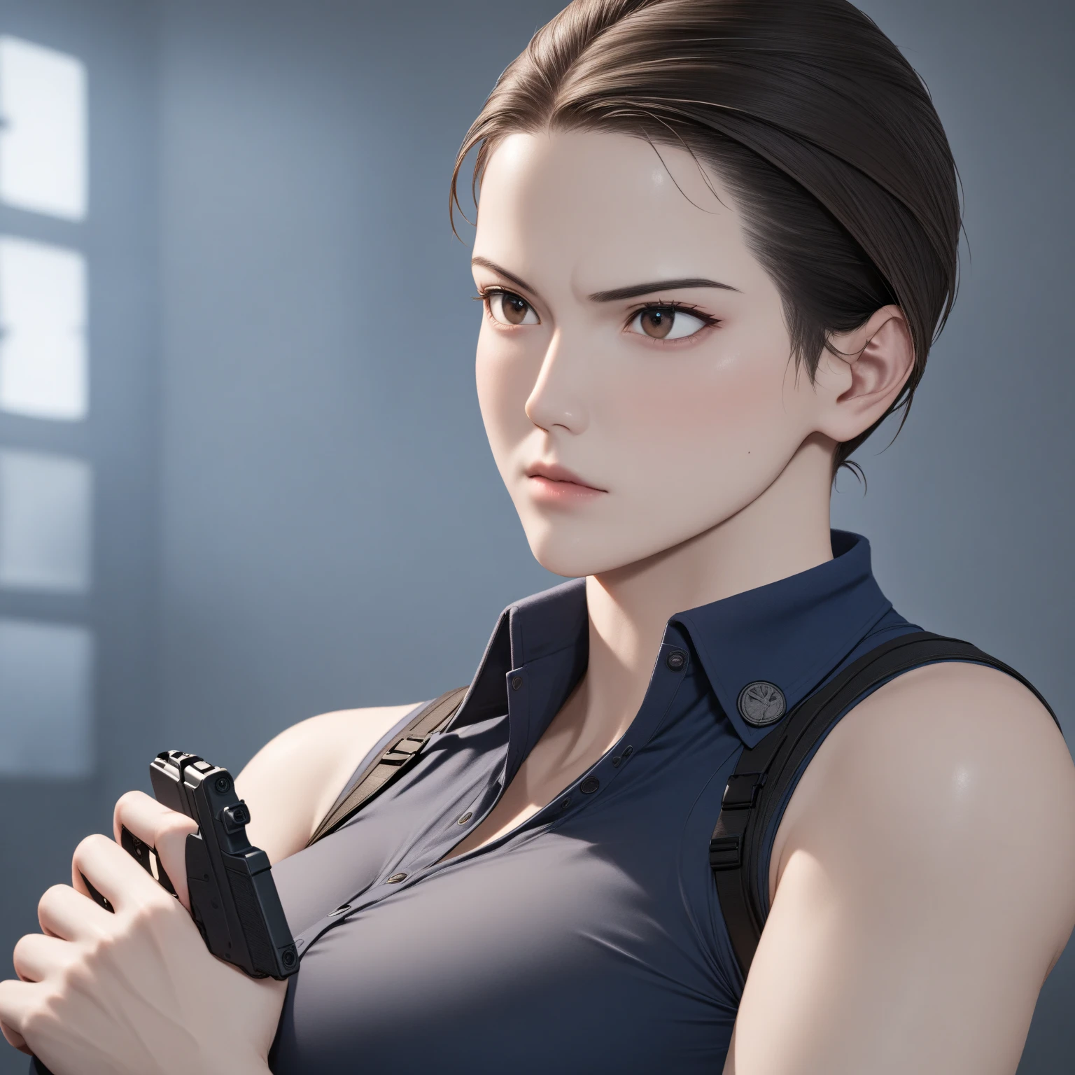   One Girl  ,  Masterpiece ,  highest image quality taken by Ki、 Jill Valentine、 high res、 sexy、Hold a handgun