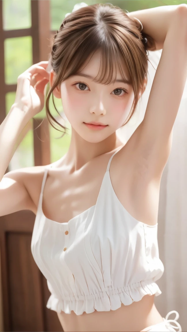 Maid, chignon hair,brown hair,slender body,cute pretty girl, presenting armpits