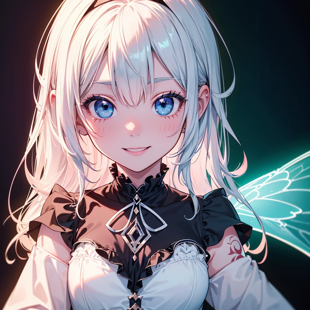 1girl, pretty face、、((( dynamic best composition 、 top quality 、 Masterpiece、High-definition CG、 super detailed 、32K)))、Neon tattoo all over body 、 fairy wings、 Milky White to Seven Color Gradation Hair Color、 best smile 、 happy、happiness、Gothic Lolita Clothes 、Neon Outline、 fisheye lens、