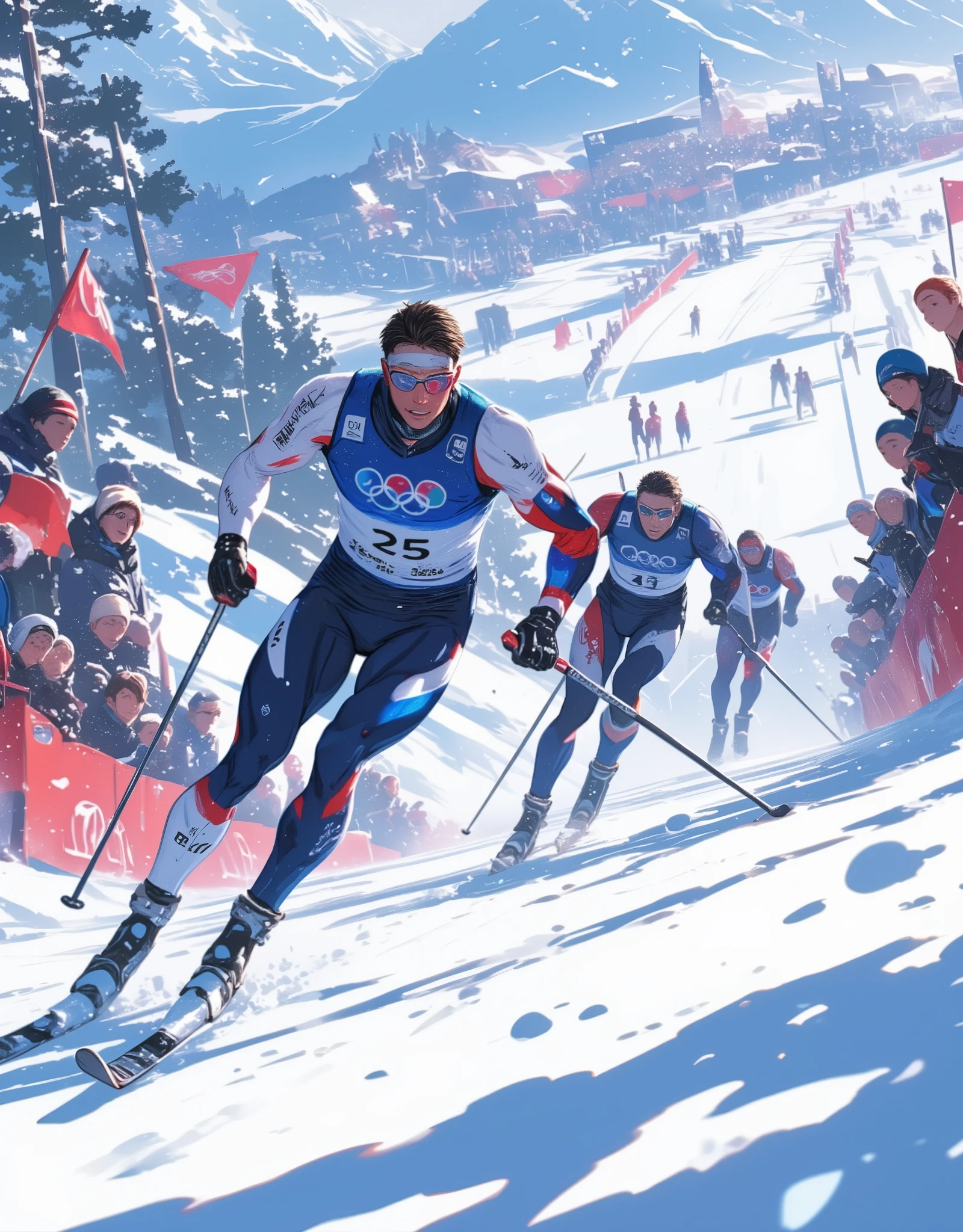 Nordic skiing,  Male Athletes Gliding on a Competition Course, Snow is falling, Athlete Snapshot ,  lots of spectators , 