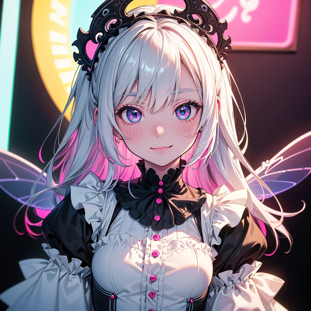 1girl, pretty face、、((( dynamic best composition 、 top quality 、 Masterpiece、High-definition CG、 super detailed 、32K)))、Neon tattoo all over body 、 fairy wings、 Milky White to Seven Color Gradation Hair Color、 best smile 、 happy、happiness、Gothic Lolita Clothes 、Neon Outline、 fisheye lens、