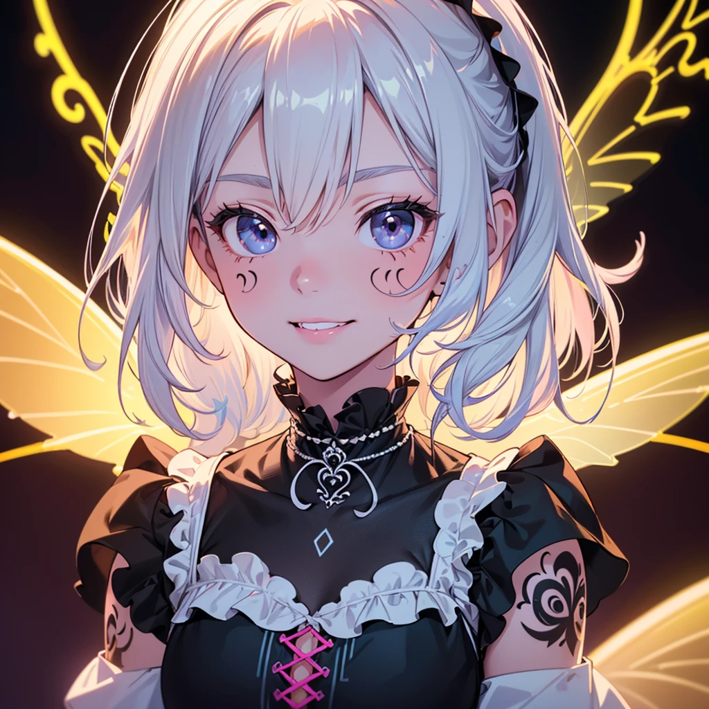 1girl, pretty face、Baby Face、((( dynamic best composition 、 top quality 、 Masterpiece、High-definition CG、 super detailed 、32K)))、Neon tattoo all over body 、 fairy wings、 Milky White to Seven Color Gradation Hair Color、 best smile 、 happy、happiness、Gothic Lolita Clothes 、Neon Outline、 fisheye lens、