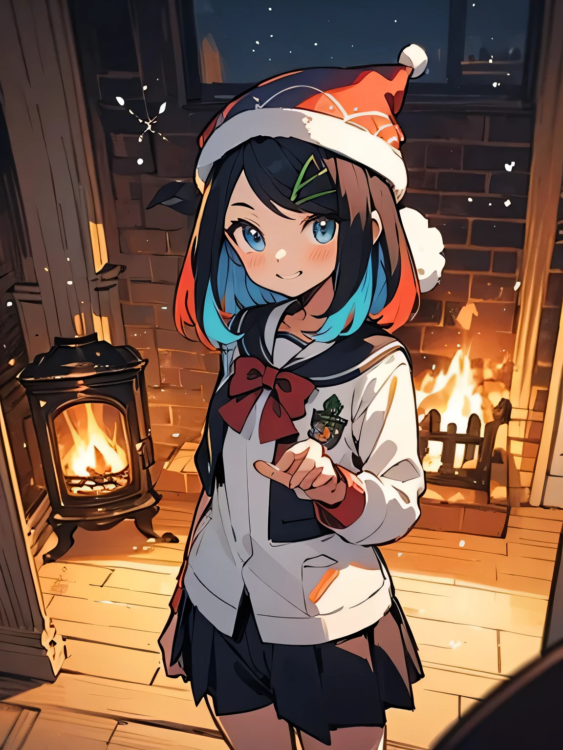 Alone, upperbody ,ph-liko,medium hair,multicolored hair,hairclip,brown school uniform,jacket shirt shorts,
blue eyes, Santa Claus costume、 Santa Claus hat、 Christmas、 Christmasプレゼント、smile、indoor、fireplace、Party,(manga style),(sketch),(illustration),