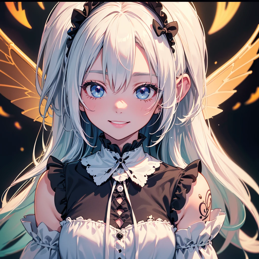 1girl, pretty face、、((( dynamic best composition 、 top quality 、 Masterpiece、High-definition CG、 super detailed 、32K)))、Neon tattoo all over body 、 fairy wings、 Milky White to Seven Color Gradation Hair Color、 best smile 、 happy、happiness、Gothic Lolita Clothes 、Neon Outline、 fisheye lens、