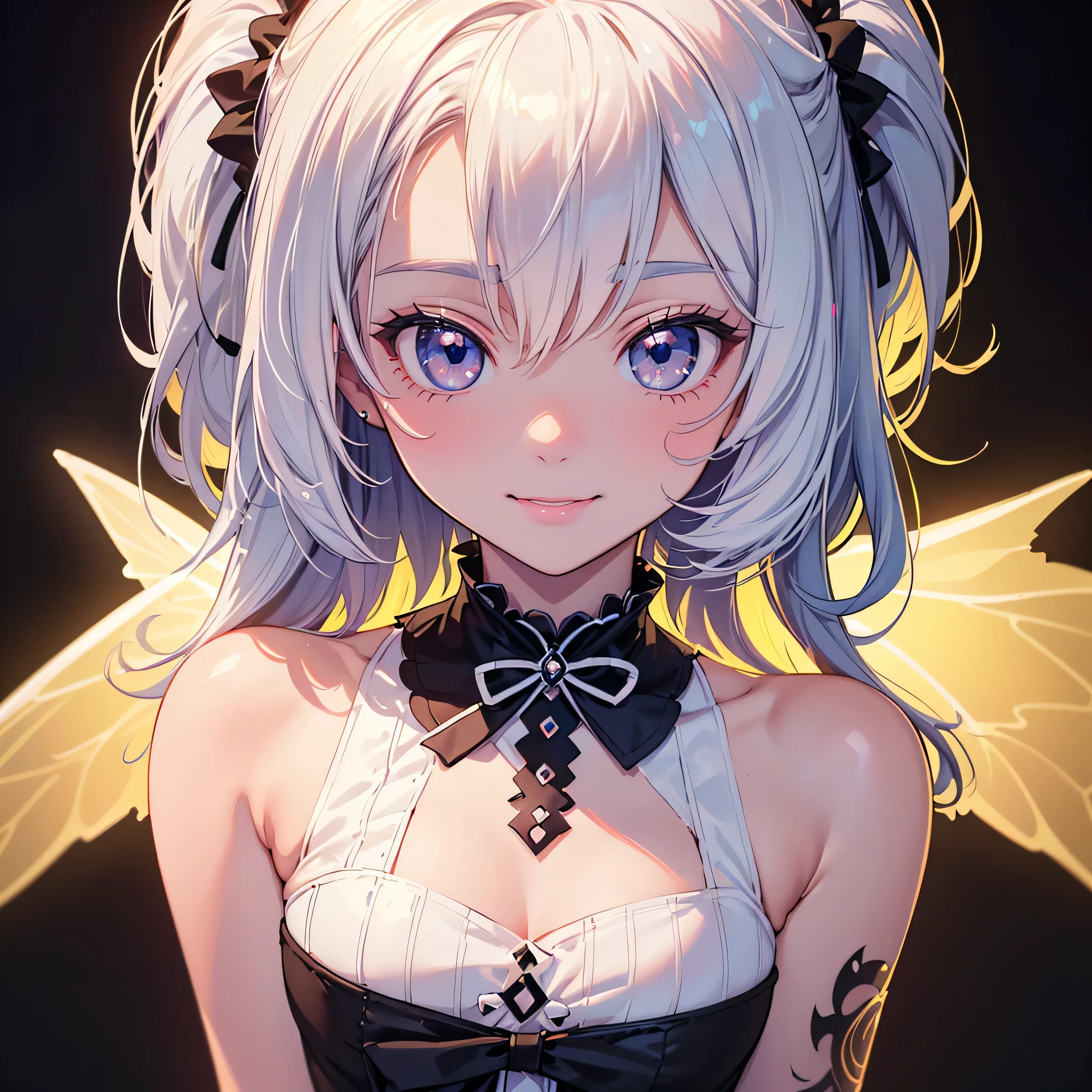 1girl, pretty face、、((( dynamic best composition 、 top quality 、 Masterpiece、High-definition CG、 super detailed 、32K)))、Neon tattoo all over body 、 fairy wings、 Milky White to Seven Color Gradation Hair Color、 best smile 、 happy、happiness、Gothic Lolita Clothes 、Neon Outline、 fisheye lens、