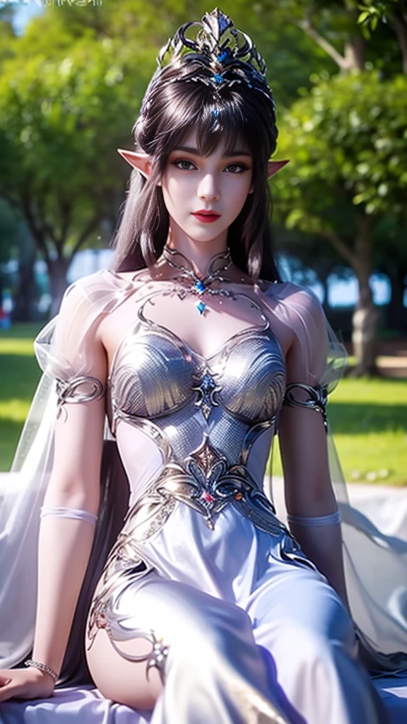 8k, masterpiece, a close up of a woman in a blue dress, a beautiful fantasy empress, beautiful fantasy maiden, fantasy art style, trending on cgstation, beautiful and elegant elf queen, beautiful maiden, shining skin, intricate ornate anime cgi style, ((a beautiful fantasy blue empress)), beautiful alluring Realistic woman, shining skin, in the park, sun shining, Realistic shadow, ((front body pose)), sitting, 