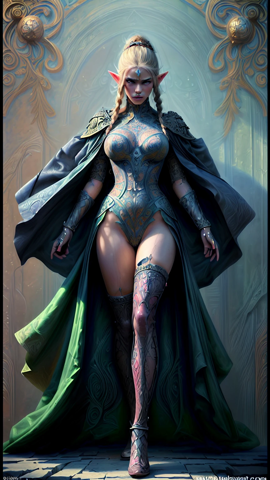 A smiling 25 year old girl, full body view, African American big green eyes full mouth with red lipstick freckles, hair with braids and blonde bangs, intricate details (8k super realistic), full body view, big tits, big breasts, sensual position.