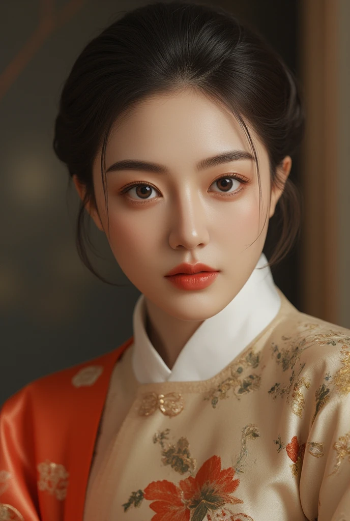 1 woman,Alone, Korea Joseon Dynasty Neat Hairstyle,Tailor-made stylish hanbok , realistic,lips,parted lips, cowboy shot ,dinner, blurry background,Zitome,Exquisite Korean Joseon Dynasty Background ,