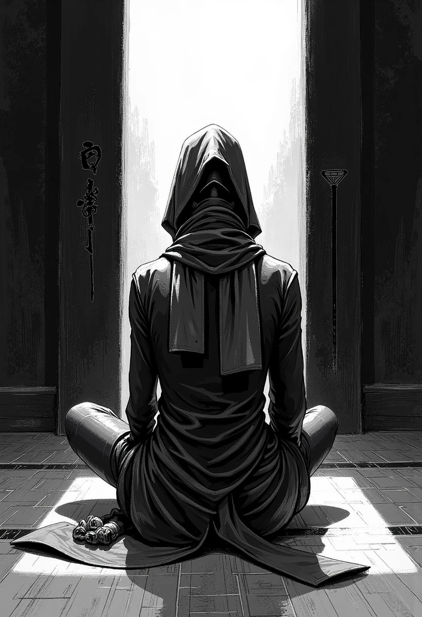 best quality,Abstract Painting,A ninja,Alone,tall and thin ninja character,(wearing minimal ninja armor,hood and mask,made of cloth,sleek,reflective fabric on the armor,matte cloth for the scarf),he is siting on (Tatami flooring),(right his knee raises ),(he looks down at floor),he is nerves,his back reflect the sharp light,A small amount of light shines on his back,details of  textures of cloth and Tatami,shading and contrast of light