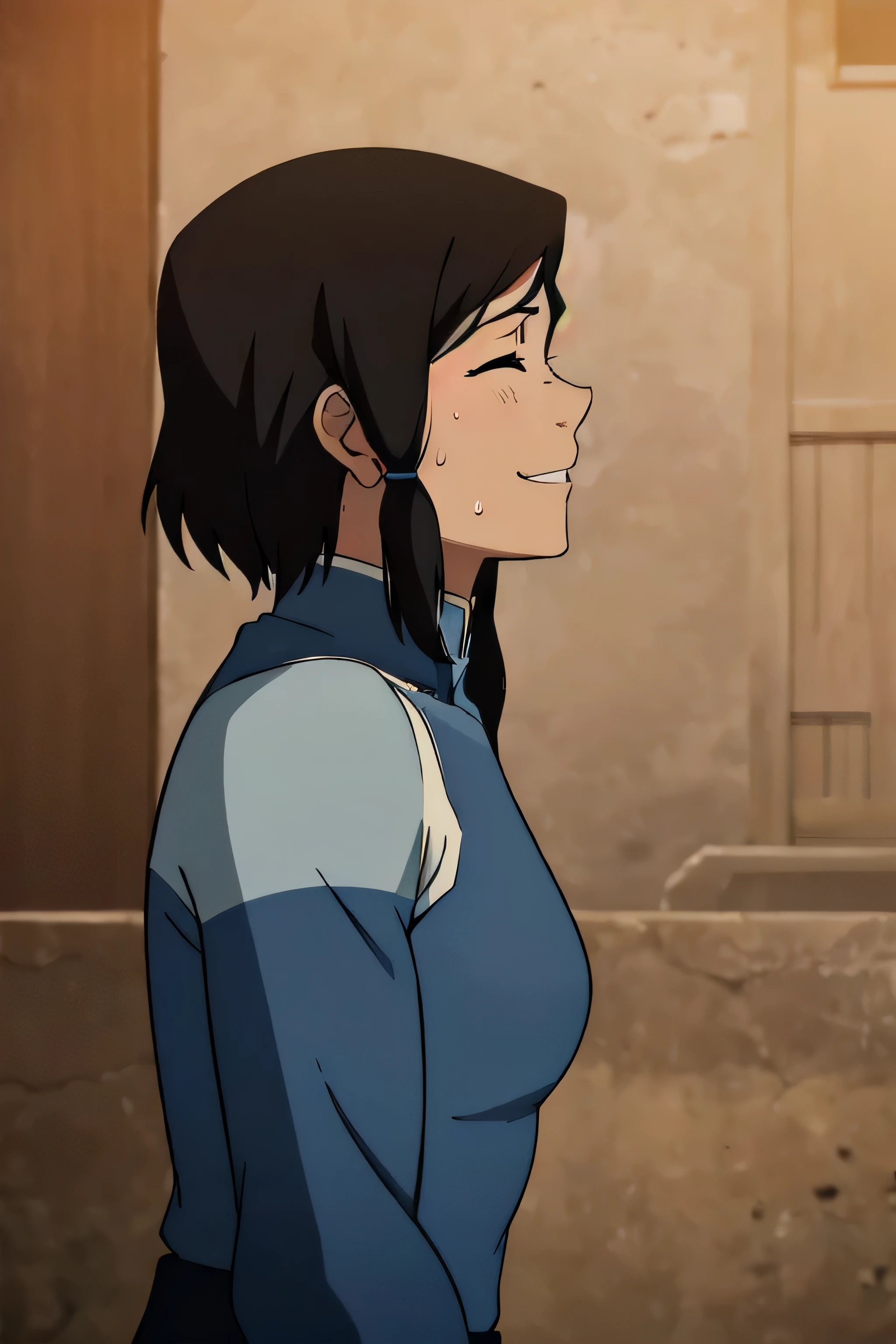 Korra,1girl, solo, upper body, side view, viewed from side, smile, sensual expression,eyes closed,leaning forwards,leaned forwards,sweaty