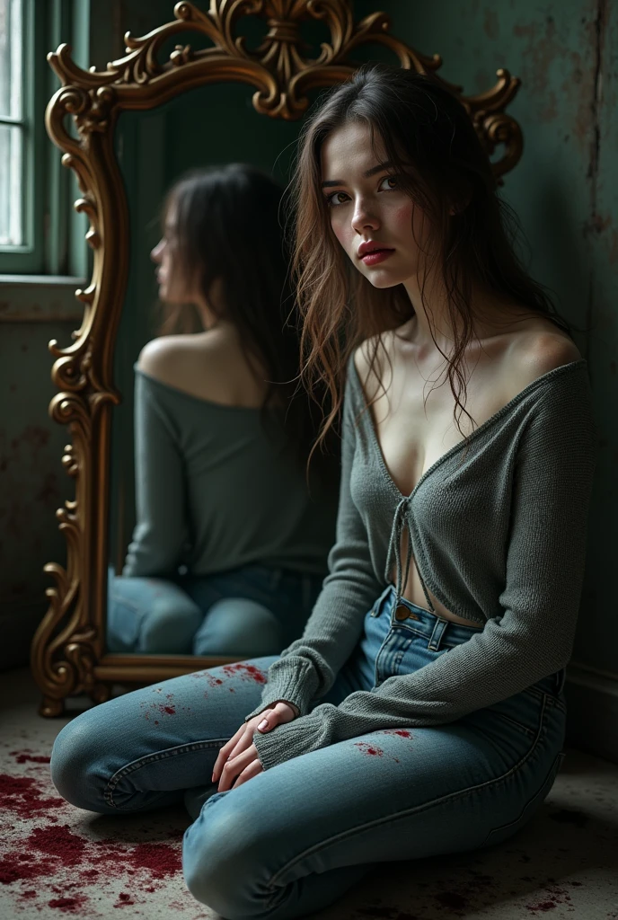 Make Mirka, Russian cute girl, white skin, 22 years old, Thin nose, Small mouth, Light blue eye, scabies on the face, Beautiful face, seductive look, in the same position, in the same scenario, wearing identical clothes, Reddish brown hair